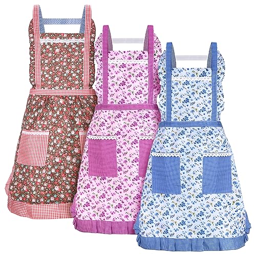 Zhanmai 3 Pcs Women Floral Aprons with Pocket Soft Kitchen Chef Aprons Girls Aprons for Cooking Gardening (Floral)