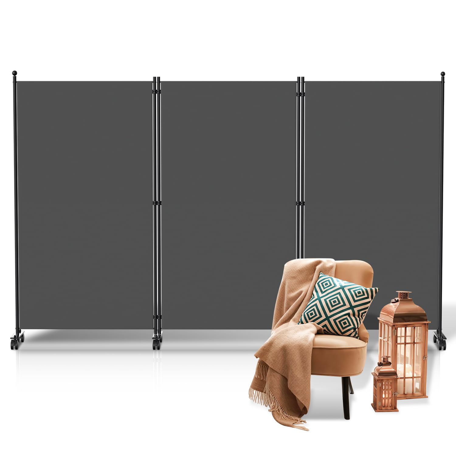 Fiqops Paravent pour extérieur, séparateur sur roulettes, 3 pièces, 263x181cm, paravent résistant aux intempéries, pour extérieur et bureau, couleur: anthracite