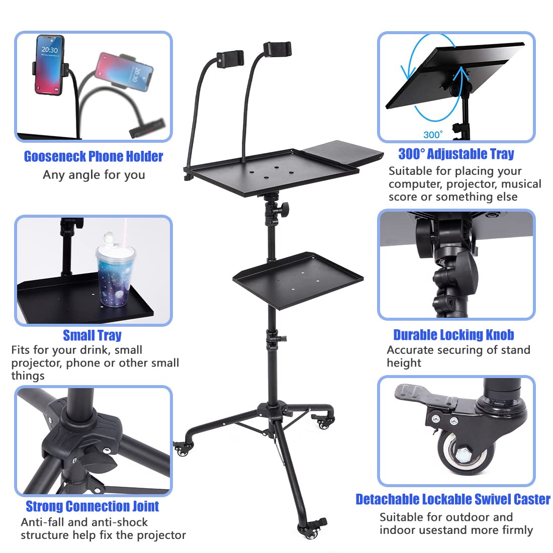 Support de Vidéoprojecteur, Support avec 3 Roulettes, Hauteur Réglable 81-130 cm, Trépied de Projecteur Portable, Projecteur, Equipement