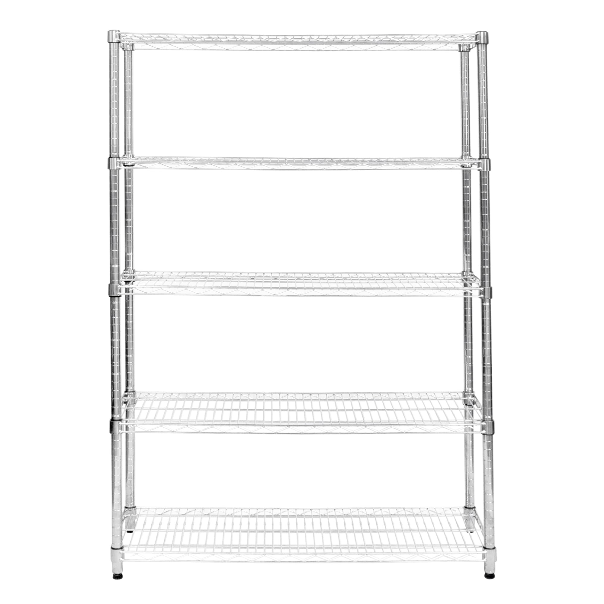 Wire Shelving Rack 5 Tier Metal Storage Unit Heavy Duty Free Standing Boltless Height Adjustable Shelves & Levelling Feet Kitchen Office Garage Silver Chrome 1000kg Weight Capacity 45 x 150 x 180cm
