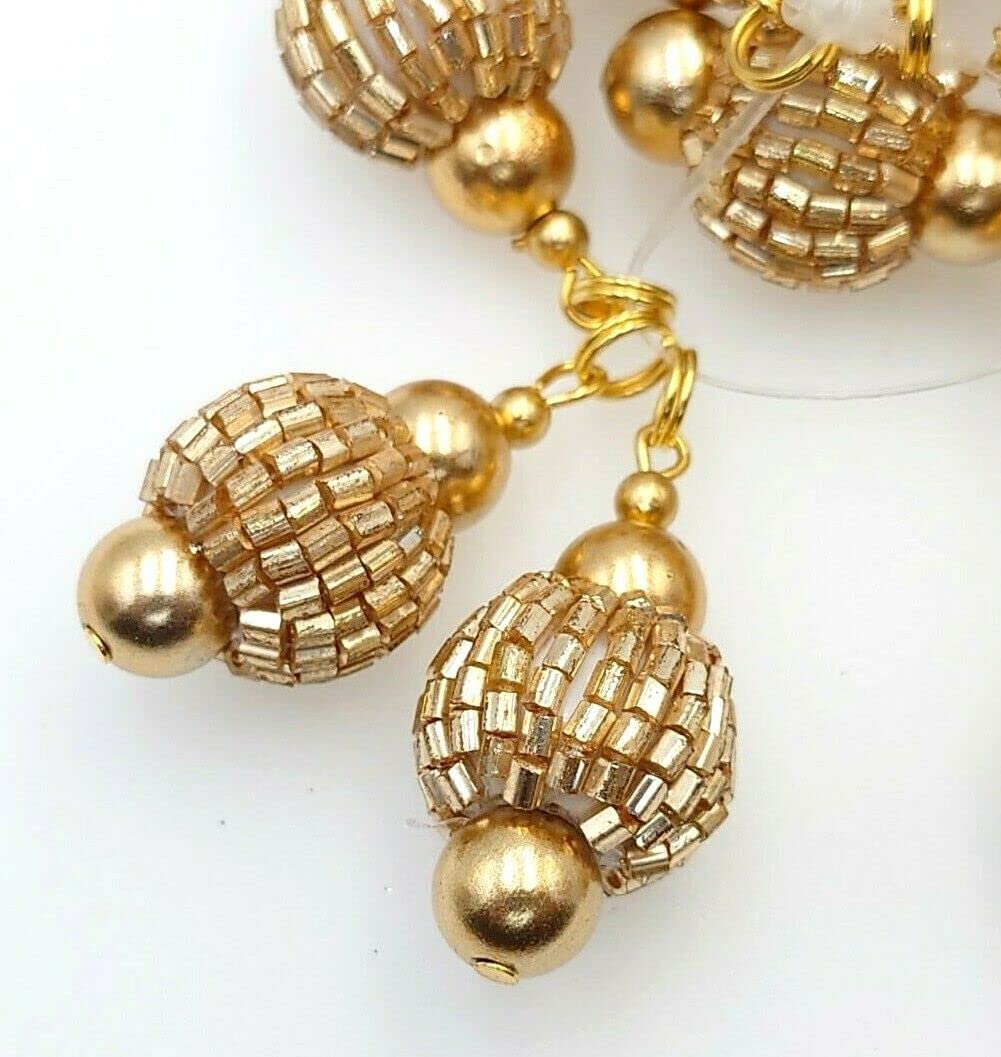 Feathers Creation 4 Pc Indian Tassel Cutdana Ball Latkan Set, 9cm Dull Gold Handmade Beaded Hanging Trim for Saree Blouse, Wedding Lehenga, Dupatta Borders, Crafting & Sewing Accessories
