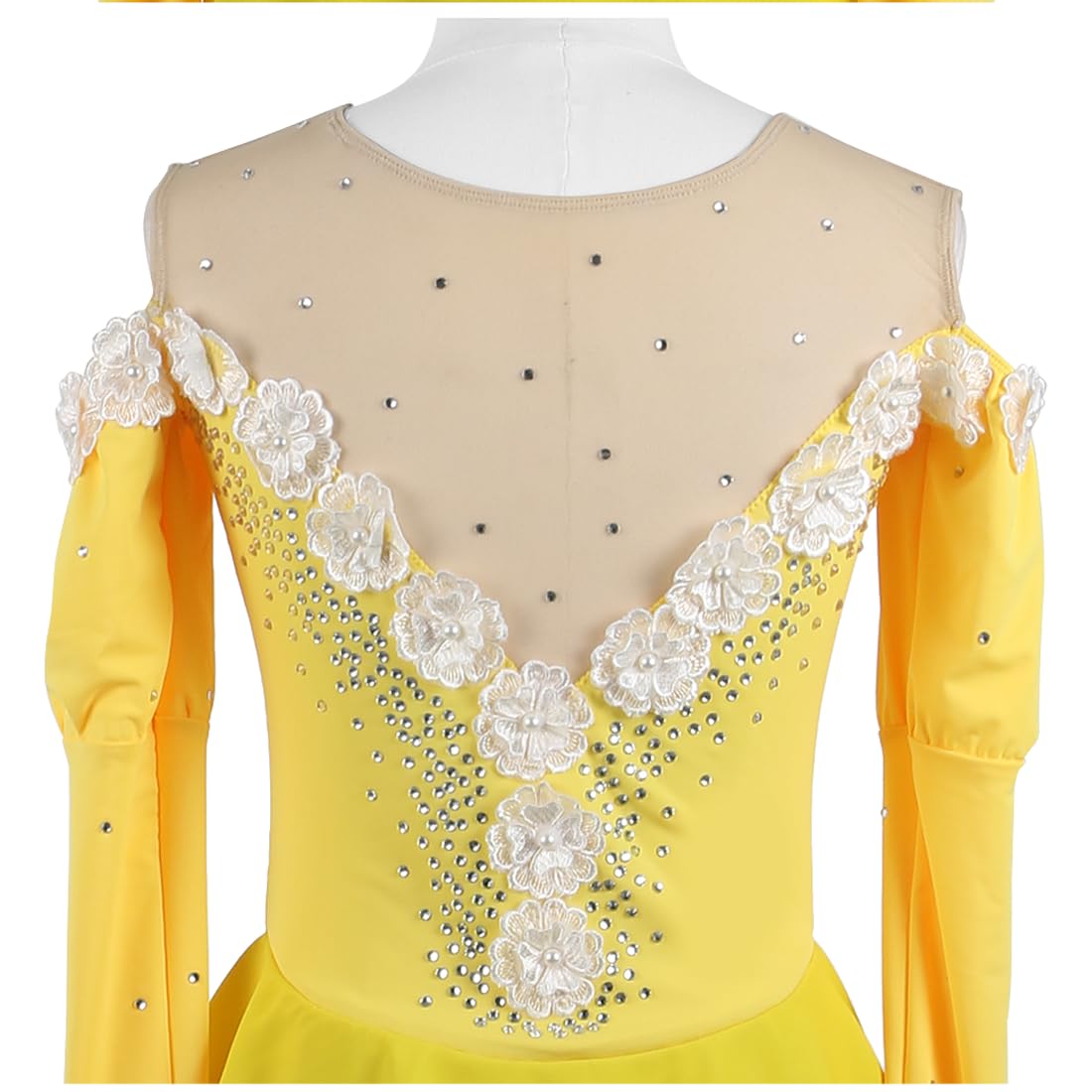 ‌Vestito da Competizione Pattinaggio Artistico Bambine - Abito Esibizione con Bianco Floreali, Strass & Orlo Elasticizzato per Gare/Allenamento