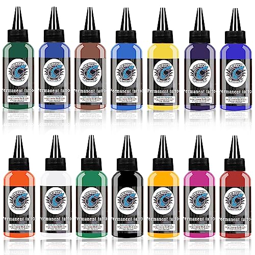 Tattoo Ink Set, 14 Pce Professional Tattoo Ink Kit - 1oz(30ml) Full Colour Pure Pigment Ink - Perfect for Micro Sculpture, Makeup, Beauty, Body Painting, and Art
