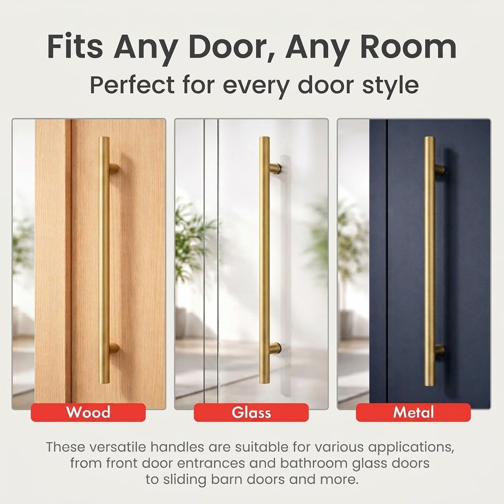 Modern Contemporary Long Stainless Steel Push Pull Door Handle for Home Entrance Glass Shower Wooden Barn & Office Store Shop Doors - Elite Model - Round (Brass Gold, 36 Inch)