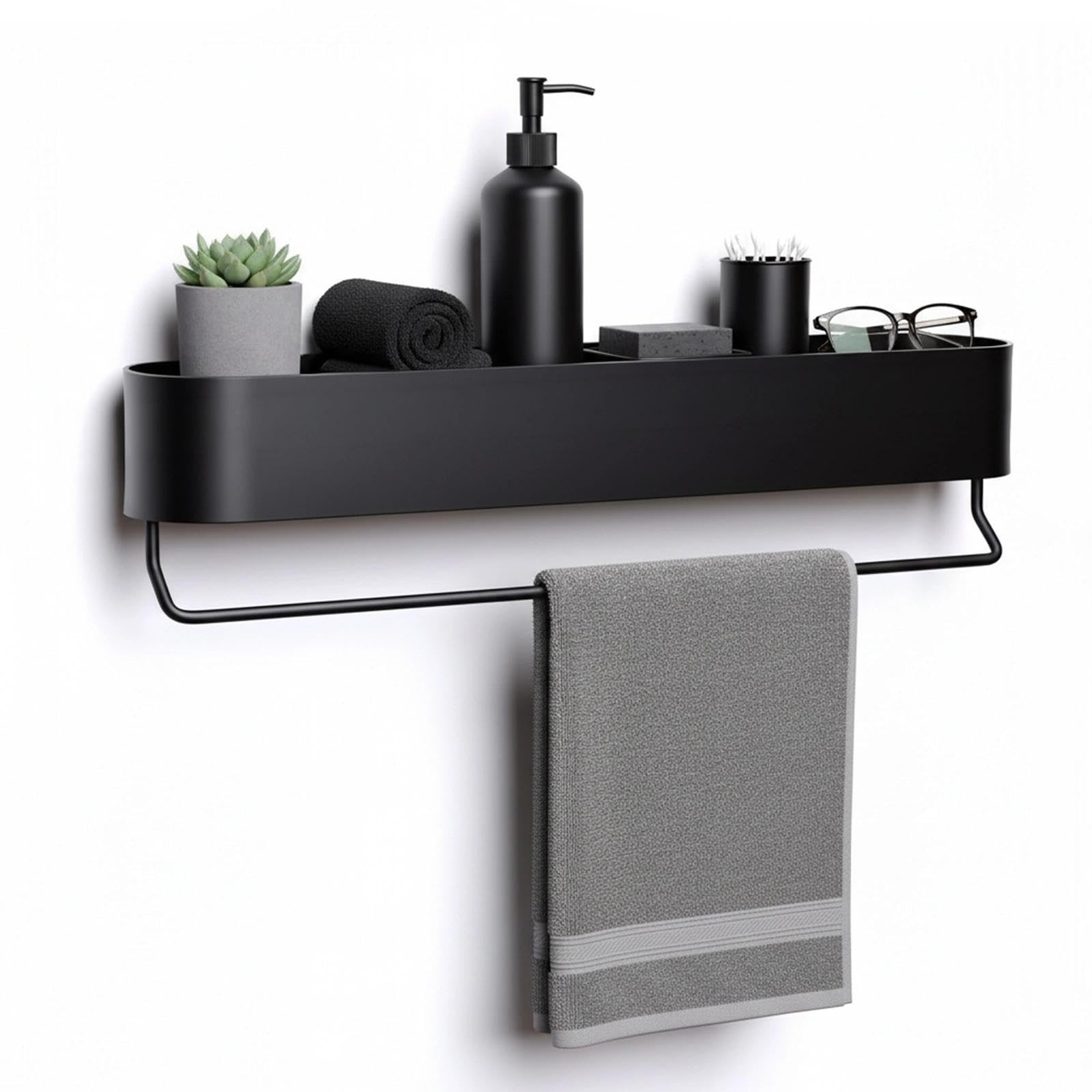 WJUAN Shower Caddy for Drilling with Towel Bar, 58 cm Bathroom Shelf Aluminium Shampoo Holder with Drainage Holes, Black for Shower Gel, Shampoo and Essential Oils — image 1
