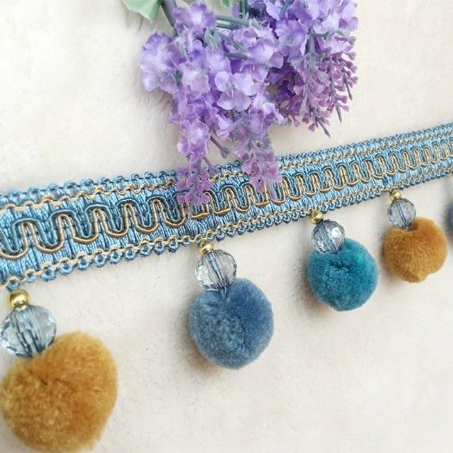 Garniture à Franges, Applique de Garniture Rideau, 3 mètres Ruban Pompons for Bordures, Artisanat, décoration canapé(Light Blue)