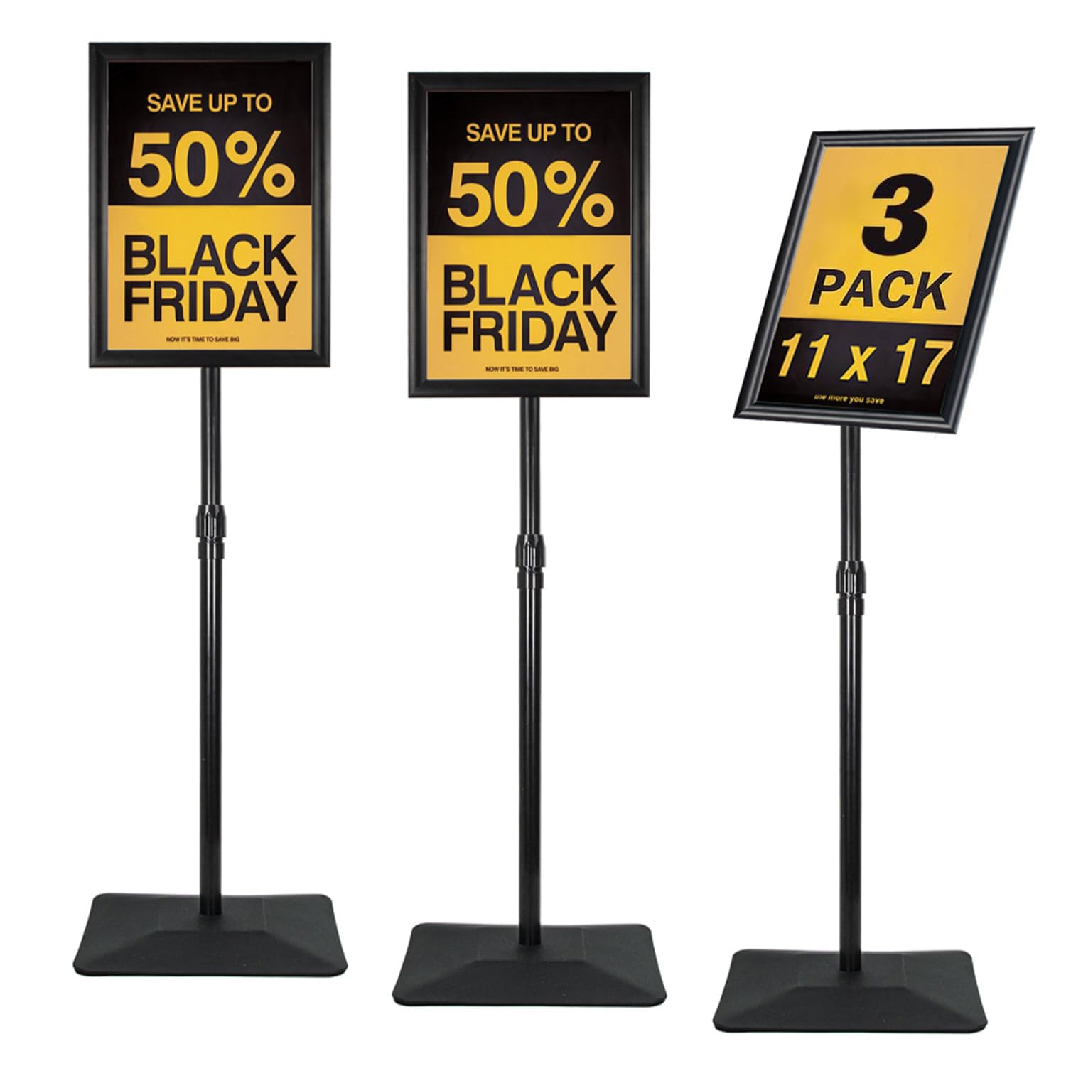 Soporte ajustable para carteles, con base de hierro mejorada, soporte de señalización de piso de pedestal para publicidad en exteriores o interiores (11 x 17 pulgadas, negro, paquete de 3)