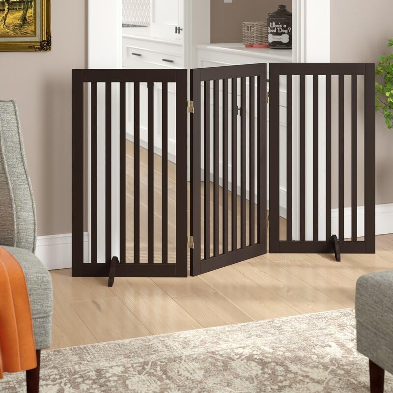 Image of Foldable Wooden Dog Gate | Expandable Pet Barrier for Doorways, Stairs & Hallways | Free Standing Decorative Dog Fence for Small & Medium Pets - 3 Panel
