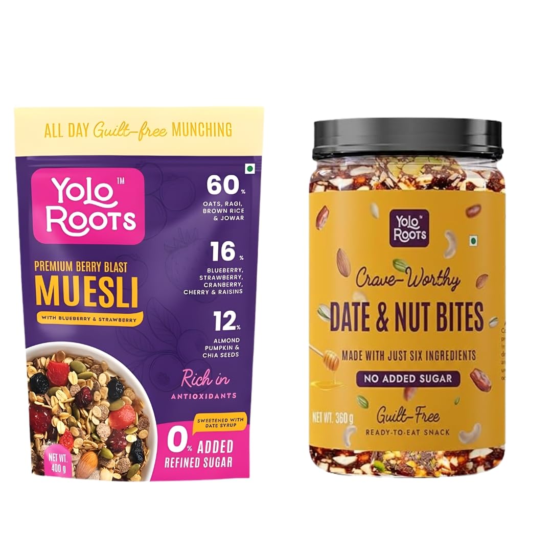 Yolo Roots Berry Blast Muesli 400g & Date Nut Bites Barfi 360g Combo | No Added Sugar Breakfast Cereal with Blueberry, Strawberry, Cranberry | Healthy Dry Fruit Sweet Snack (Pack of 2)