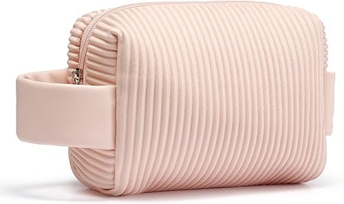 Miniatura 8 de LIYSOCA Bolsa de maquillaje de piel sintética a rayas, bolsa de aseo portátil de viaje, bolsa de cosméticos impermeable con asa, regalos de Navidad