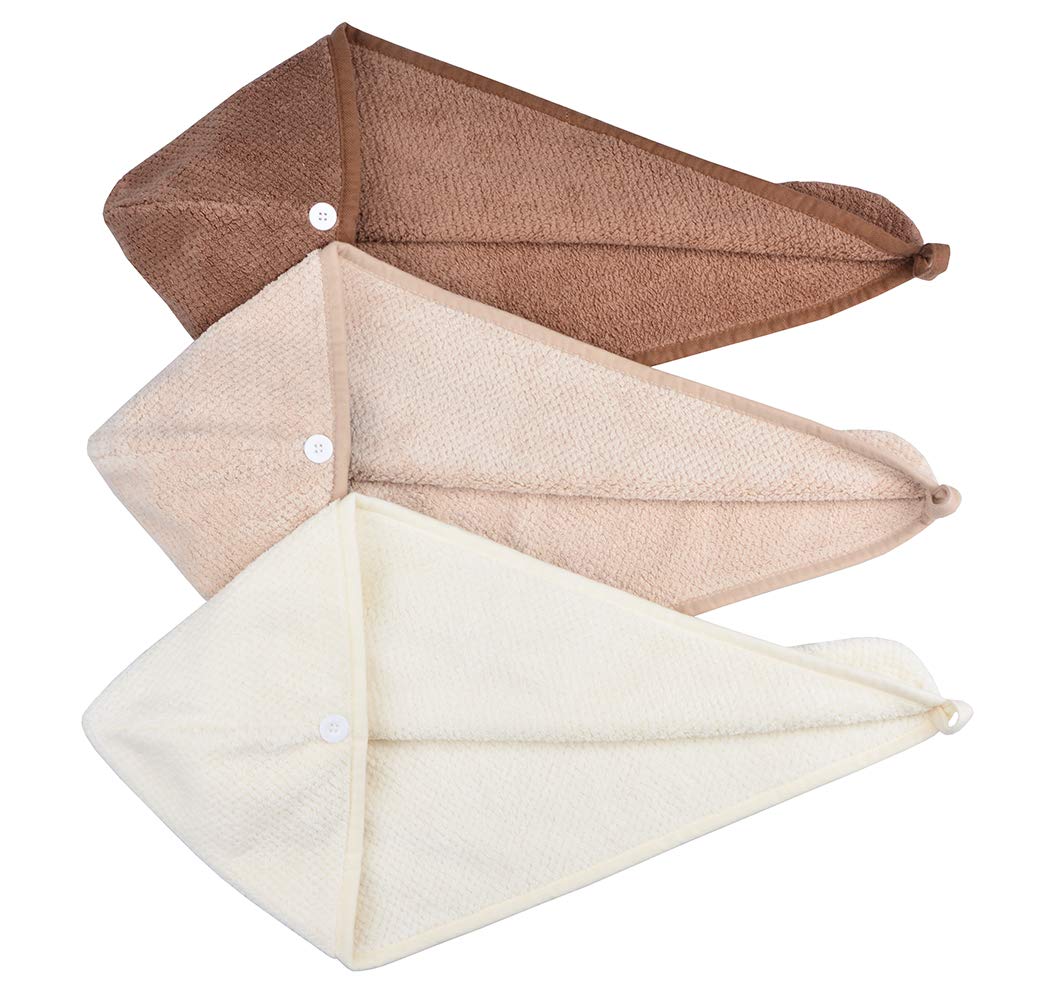 HOPESHINE Women's Soft Shower Hair Drying Towels Twist Hair Turban Wrap Drying Cap Great Gift for Women (Brown+Khaki+Off White)