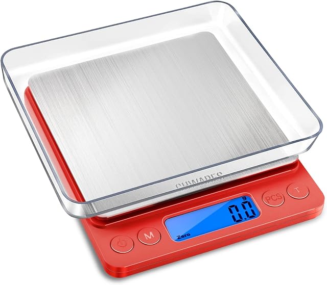 CHWARES Food Scale, Rechargeable Small Kitchen Scale with Trays 3Kg/0.1g, Tare Function Digital Scale Grams and Ounces, for Weight Loss, Dieting, Baking, Cooking, Meal Prep, Coffee, Jewelry, Red