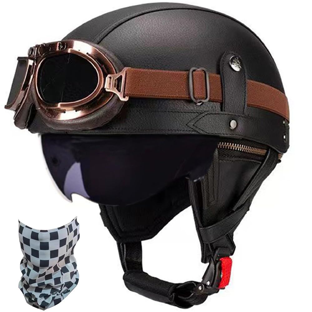 WZGGTEAM German Style Leather Motorcycle Half Helmet, DOT/ECE Approved Retro Open Face Helmet with Goggles Street Motorcycle Half Shell Cap Moped Helmet for Chopper Cruiser Scooter