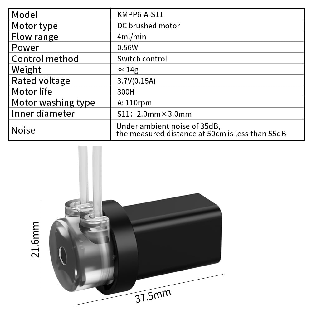 Kamoer KMPP6 Pompe péristaltique mini 3,7 V CC 4ml/min | Pompe doseuse de liquide à faible débit, moteur avec connecteur pagode 1/16