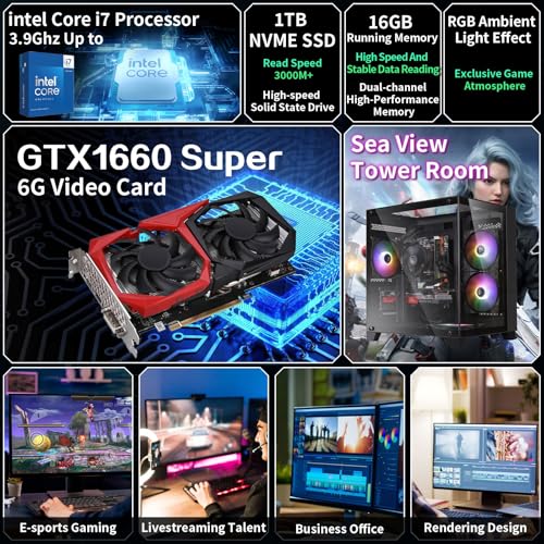 Image of Prebuilt Gaming PC Desktop,Intel Core i7 Business Office Tower Computers PC | GTX1660S 6G Graphics Card, 16GB RAM and 512GB SSD, WiFi, Win11, Suitable for Study,transaction,Entertainment,Gaming, etc.
