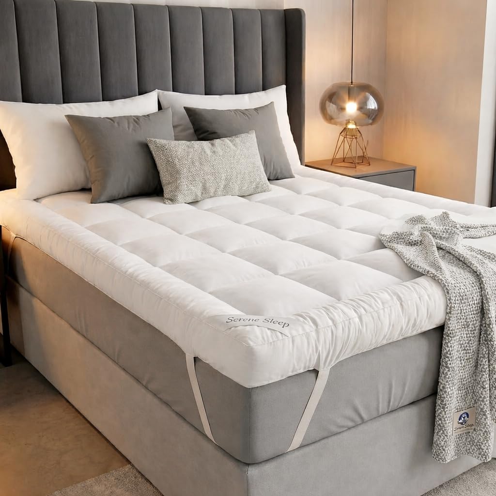 SereneSleep® Double Mattress Topper 10cm - Extra Thick 4 inch Bed Topper for Double Bed, Soft Supportive Microfiber Cover, Breathable Comfort with Secure Elastic Straps (137 x 190 cm)