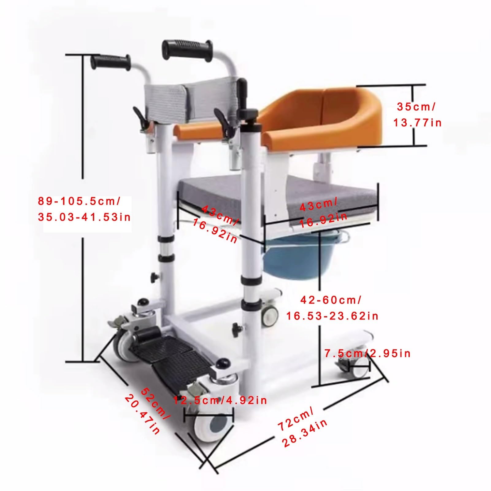 Grúa de traslado para Pacientes, Silla de Ducha para Personas Mayores con discapacidad, Asiento abatible de 180°, Silla de Transferencia con cuña, Silla de Ducha, 43 x 43 cm, Color Blanco.