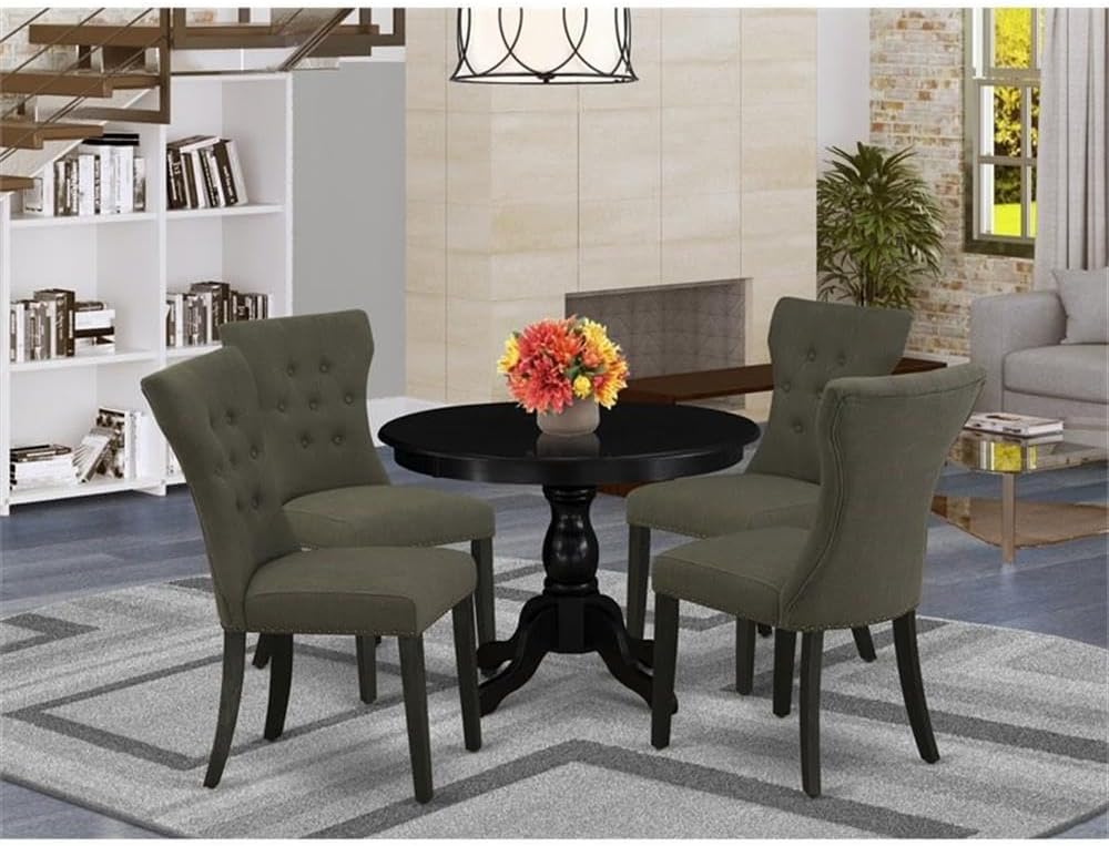 East West Furniture HBGA5-ABK-50 5 Piece Dining Room Furniture Set Includes a Round Dining Table with Pedestal and 4 Dark Gotham Linen Fabric Upholstered Chairs, 42x42 Inch, Wirebrushed Black