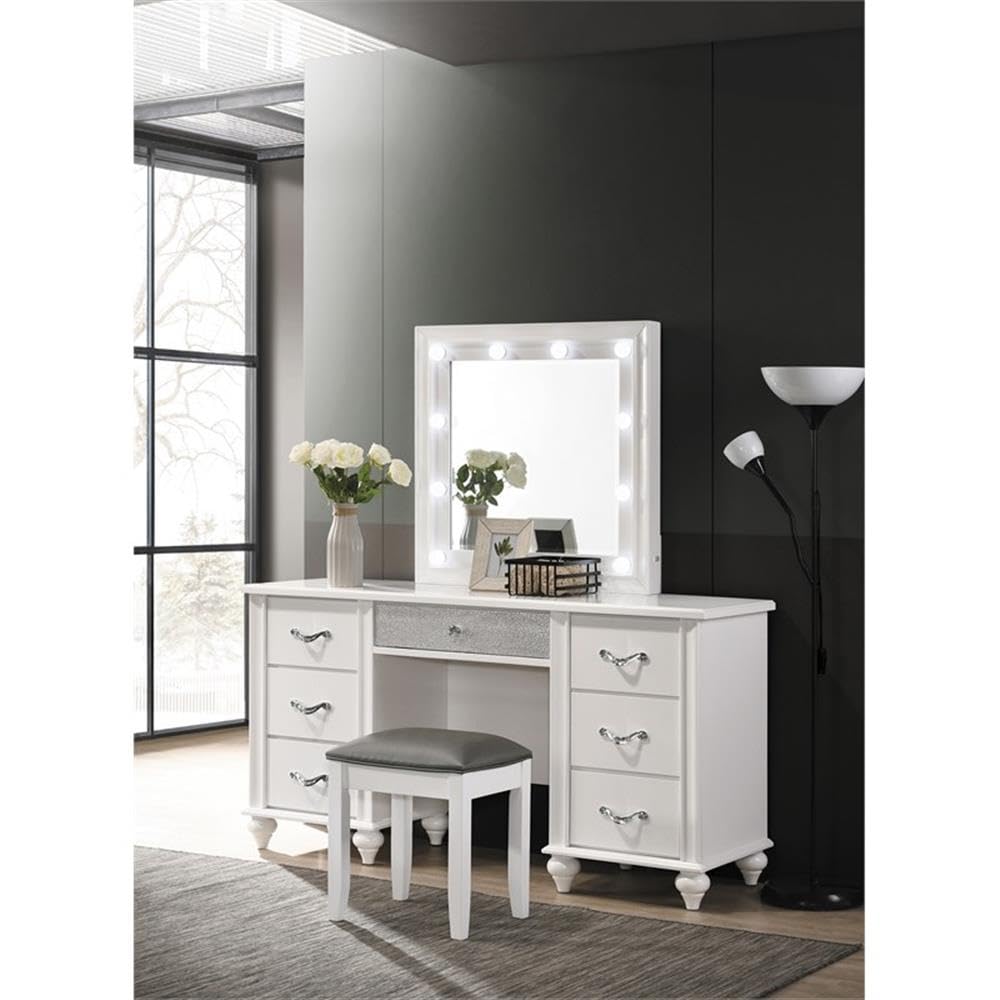 UrbanPro 7-Drawer Wood Vanity Desk with Lighted Mirror in White