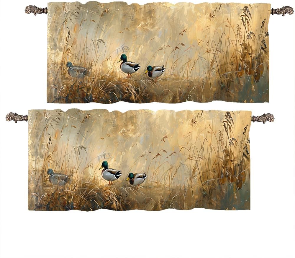 2 Panels Retro Rustic Animals Curtain Valance for Windows, Mallard Duck Grass Field Rod Pocket Short Window Treatment Decor Drapes for Kitchen, Bathroom, 54" X 18"
