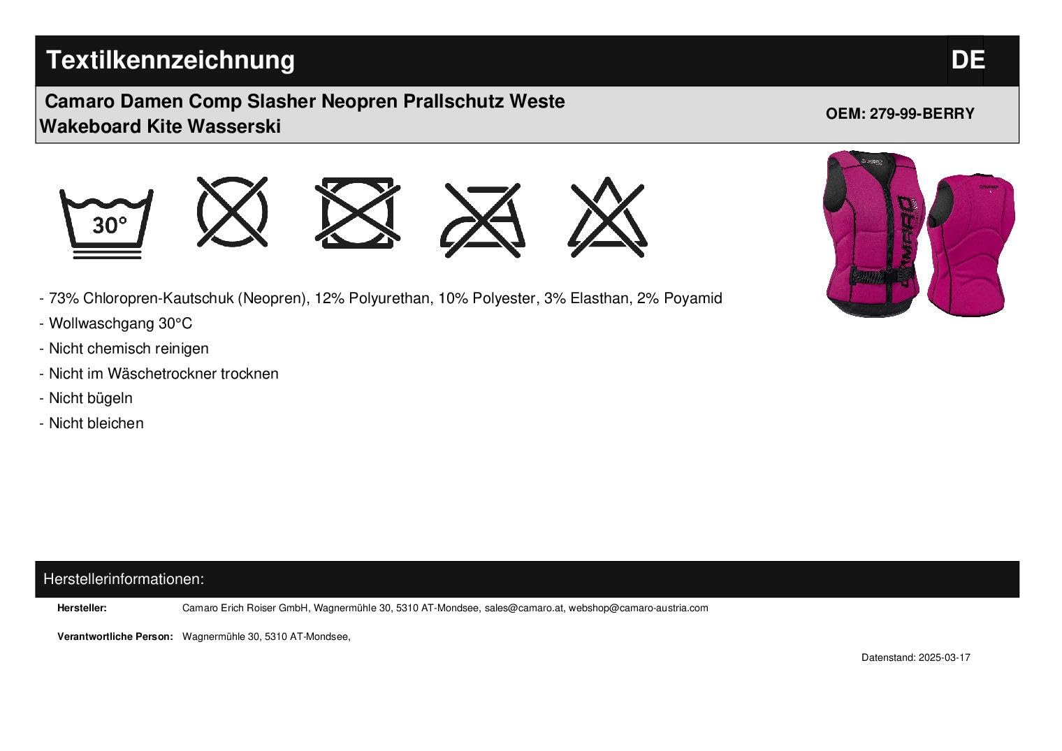 Camaro Comp Damen Slasher Neopren Prallschutz Weste Wakeboard Kite Wasserski Black/Berry
