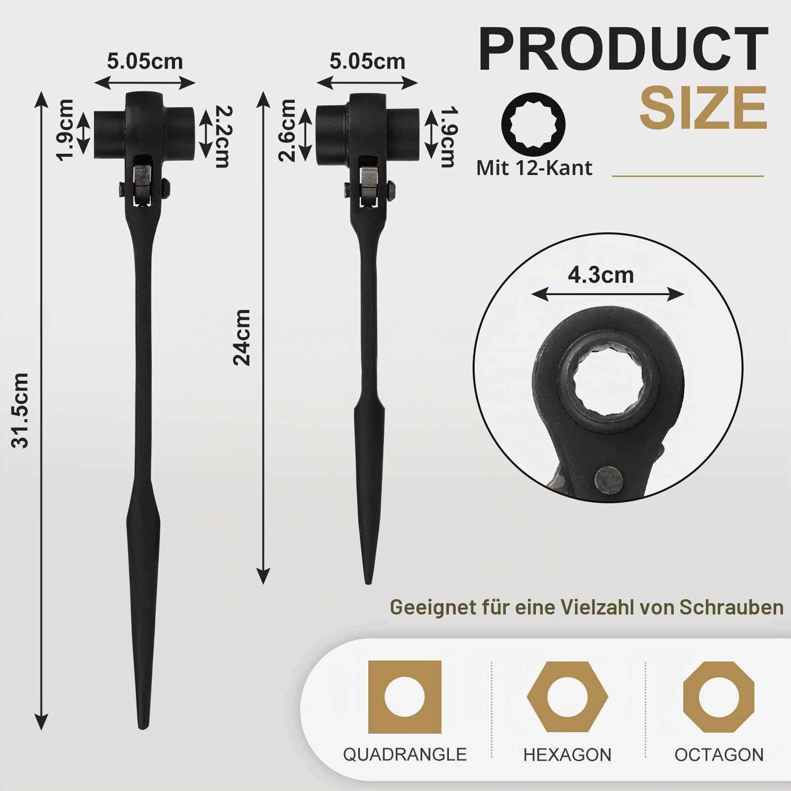 efuturetime 2x Gerüstschlüssel, Gerüstbauratsche Umschaltbar Set, 17/19mm Ratsche Gerader Griff +19/22 mm Ratschen-Biegegriff, Gerüstbauknarre aus CR-V, Schwarz