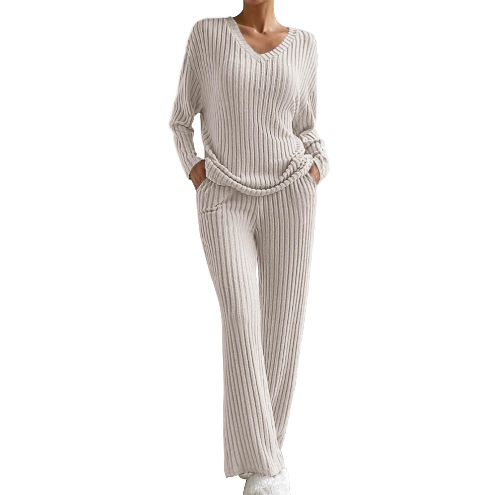 SkotO Traje de punto de dos piezas para mujer, traje de ocio, cuello de pico, traje de pantalón, manga larga, jersey de punto acanalado + pantalón recto, traje de deporte, traje de casa suave, conjunto de