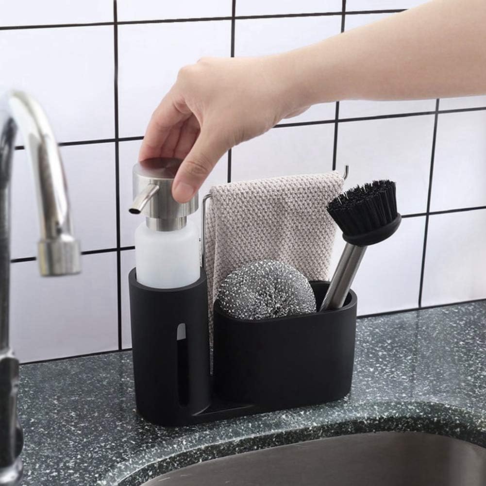 Bobsoli Scout - Set di dispenser per detersivo da cucina, organizer sottile con strofinaccio, spazzola, spugna e porta strofinaccio. Organizer per lavello da cucina, colore nero, organizer per