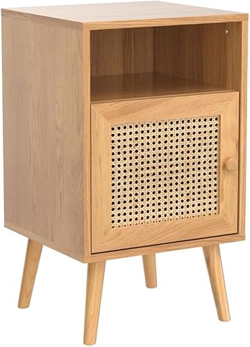 Miniatura 21 de Xilingol Moderna mesita de noche de ratán con estación de carga, mesa auxiliar bohemia con puerta decorada de ratán hecha a mano, mesita de noche de