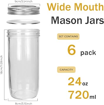 24 oz Mason Jars with Silver Lids and Bands, 6 Pack