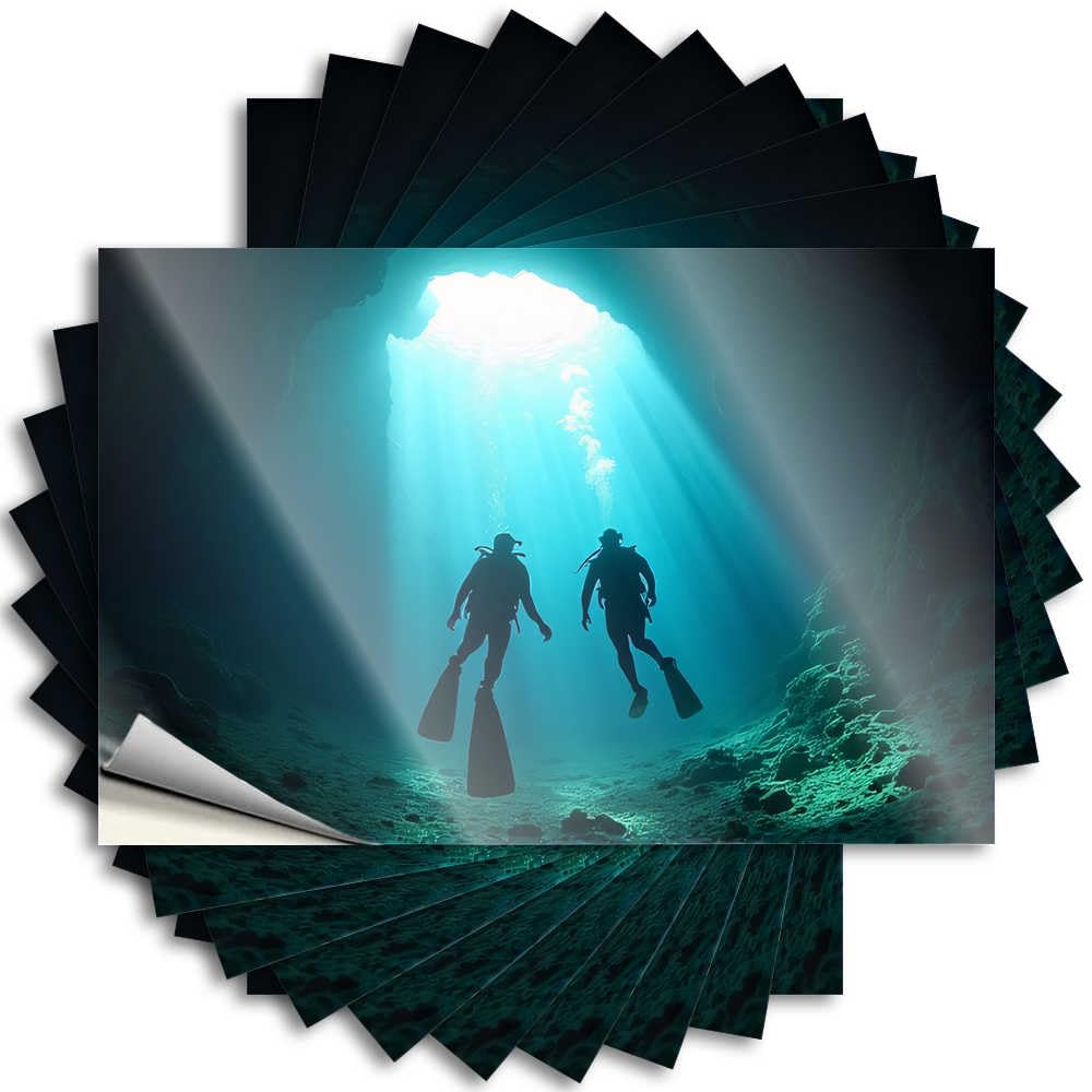 Fzfn Colour Sports Helmet Decals | Two Divers Exploring An Underwater Cave Accent For Farmers Decor(8X12cm)