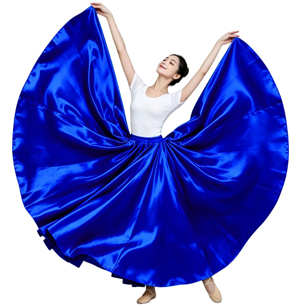 BACKGARDEN Ladies 20 Yard Elegant Satin Long Full Skirt for Ballroom Belly Dance Performance Costume Dress, Navy Blue, One Size