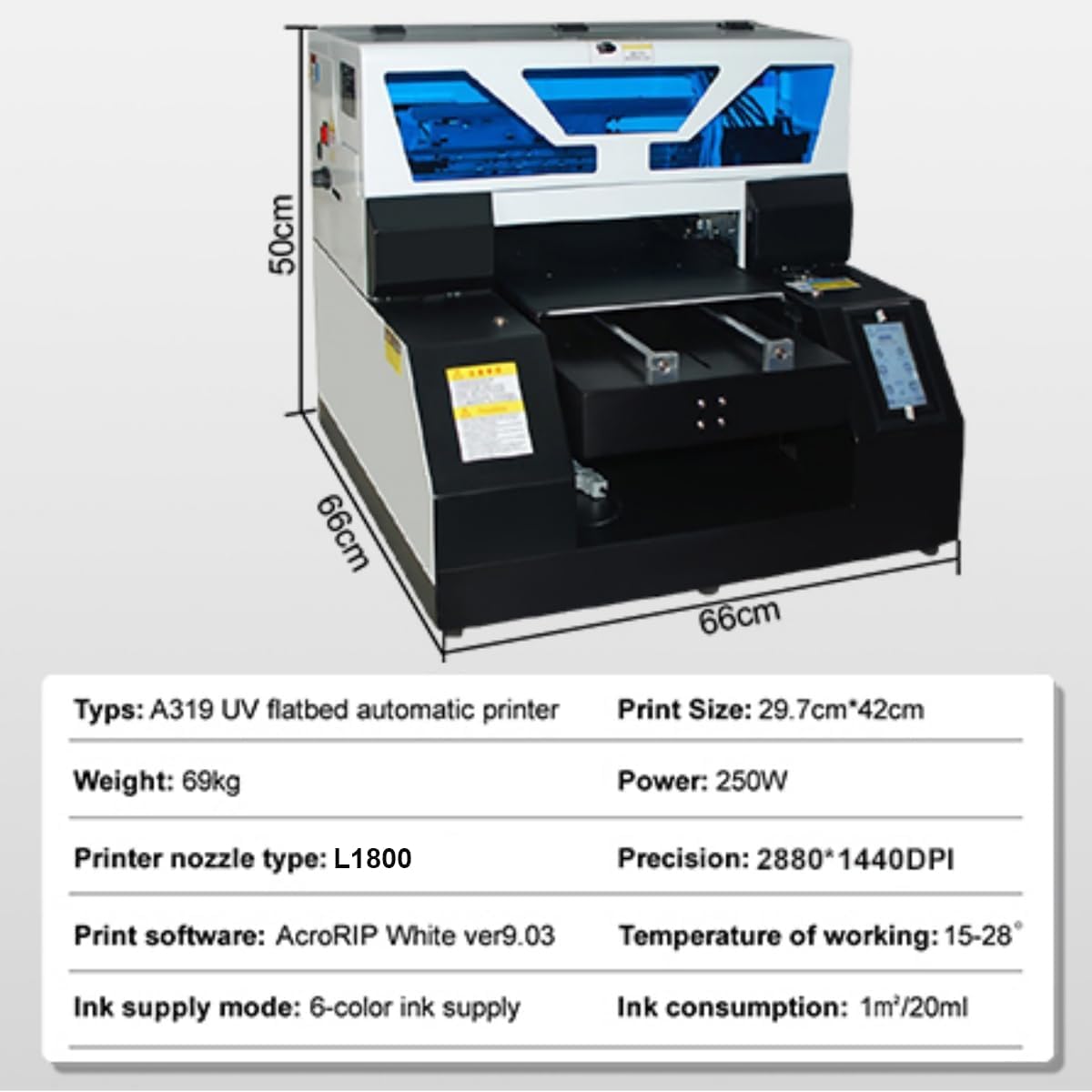 Impresora Plana UV de inyección de Tinta A3 Impresora de Superficie Multifuncional de inyección de Tinta de Color automática se Pueden Imprimir Botellas, Negra, 2880x1440dpi