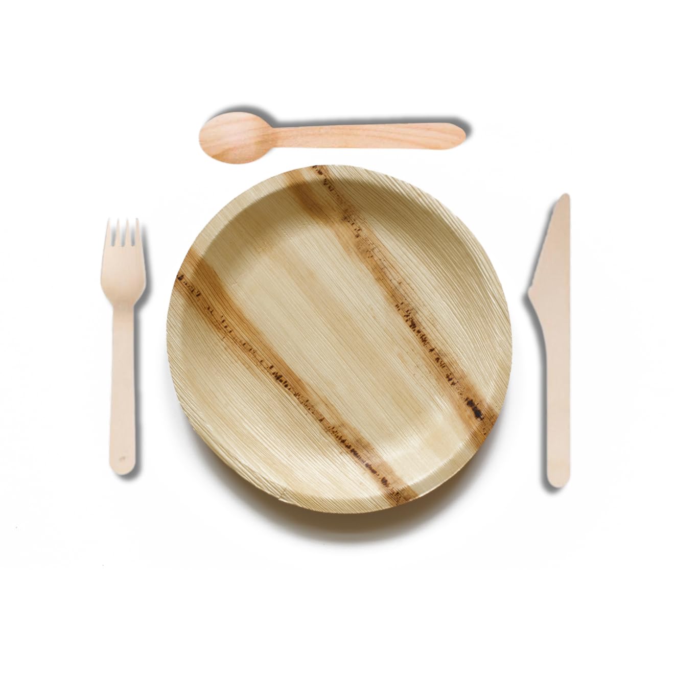 DISPOSABLE GREEN 100pcs Palm Leaf Plates and Wooden Cutlery Set, 25x Large Round Plates, 25x Forks, 25x Knives, 25x Spoons, Eco Friendly Biodegradable, Wedding Plates (500 pcs (125pcs Each))