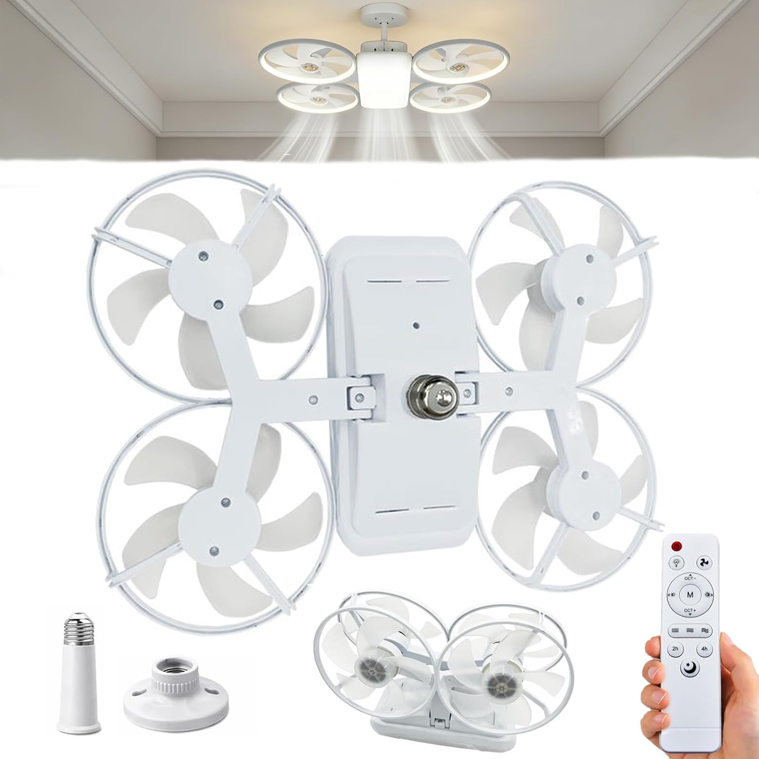 Drone-Style LED Ceiling Fan Light, Modern Lighting & Airflow in One, LED Ceiling Fan Light with Three Adjustable Color Modes, E27 Lamp Socket, Remote Control, Extension Rod, for Home Office (White)