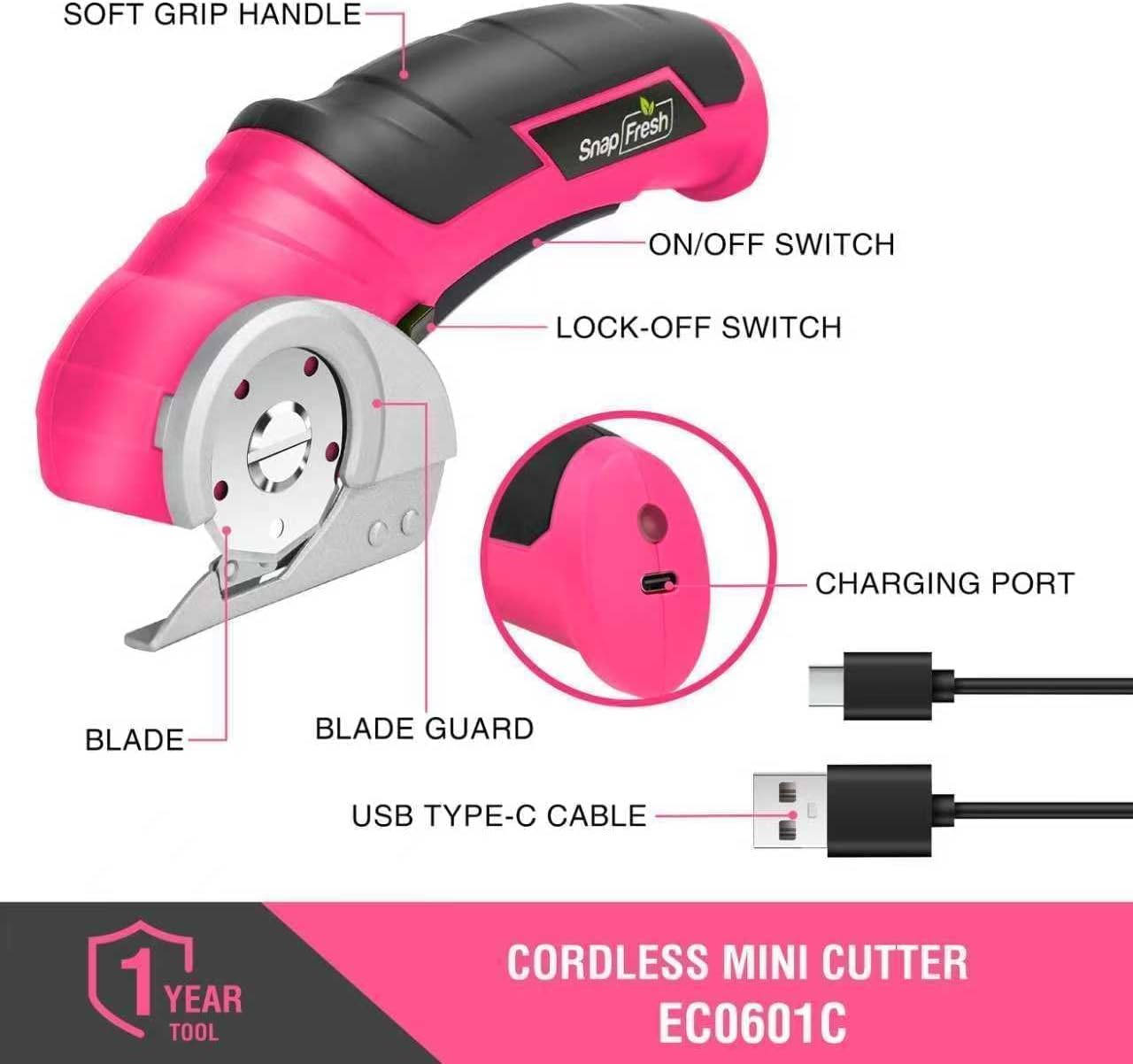SnapFresh Cordless Electric Scissors, 4V Rechargeable Electric Box Cutter for Cardboard Boxes, Carpet & Paper, Rotary Cutter for DIY Projects, Safety Box Cutter with Battery & Type-C Cable (Hot Pink)