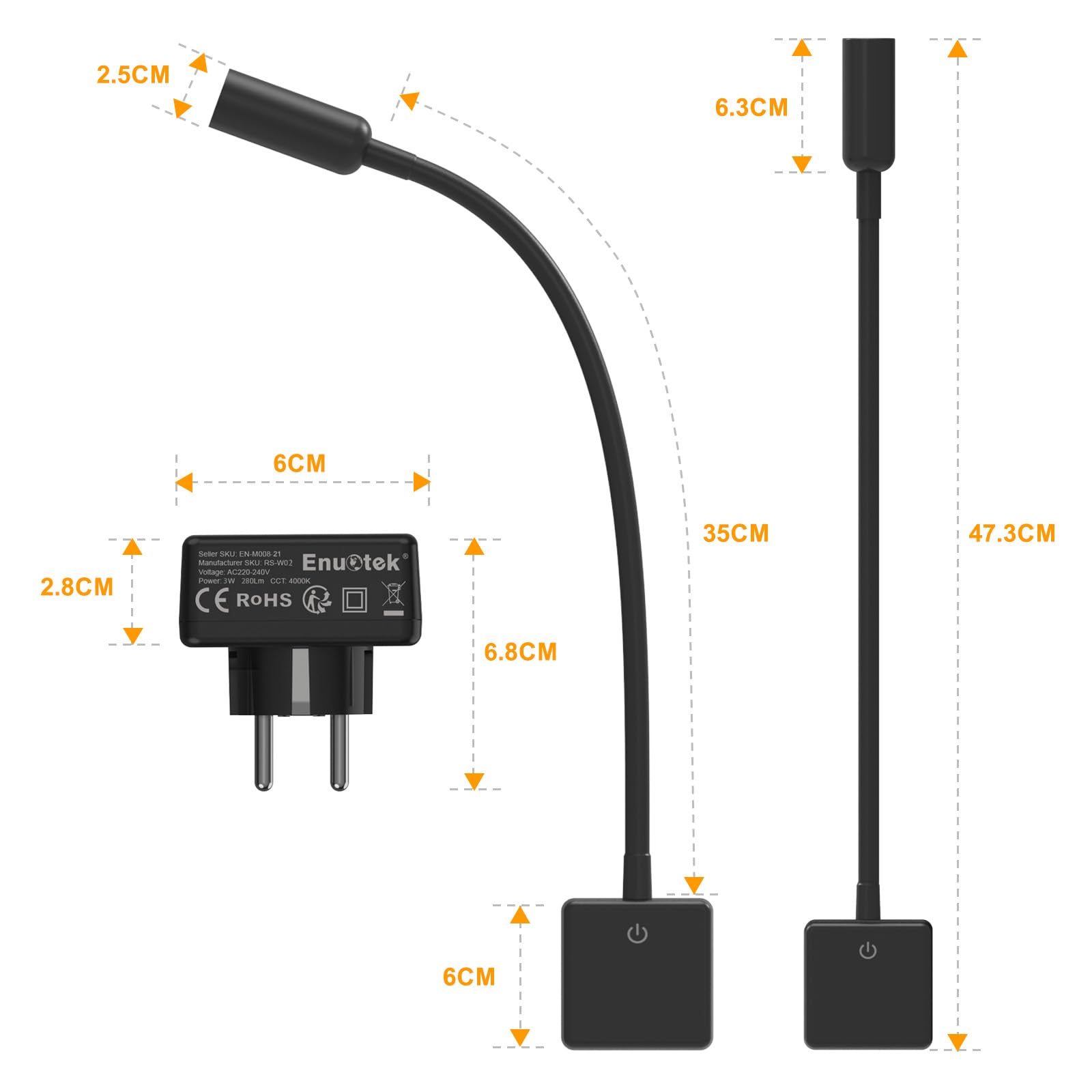 ENUOTEK LED Spot Lampki do czytania gniazdka Z możliwością ściemniania Czarny, 3W 280Lm Reflektor LED Lampy ścienne do czytania do sypialni z wtyczką i przełącznikiem dotykowym, neutralna biel 4000K