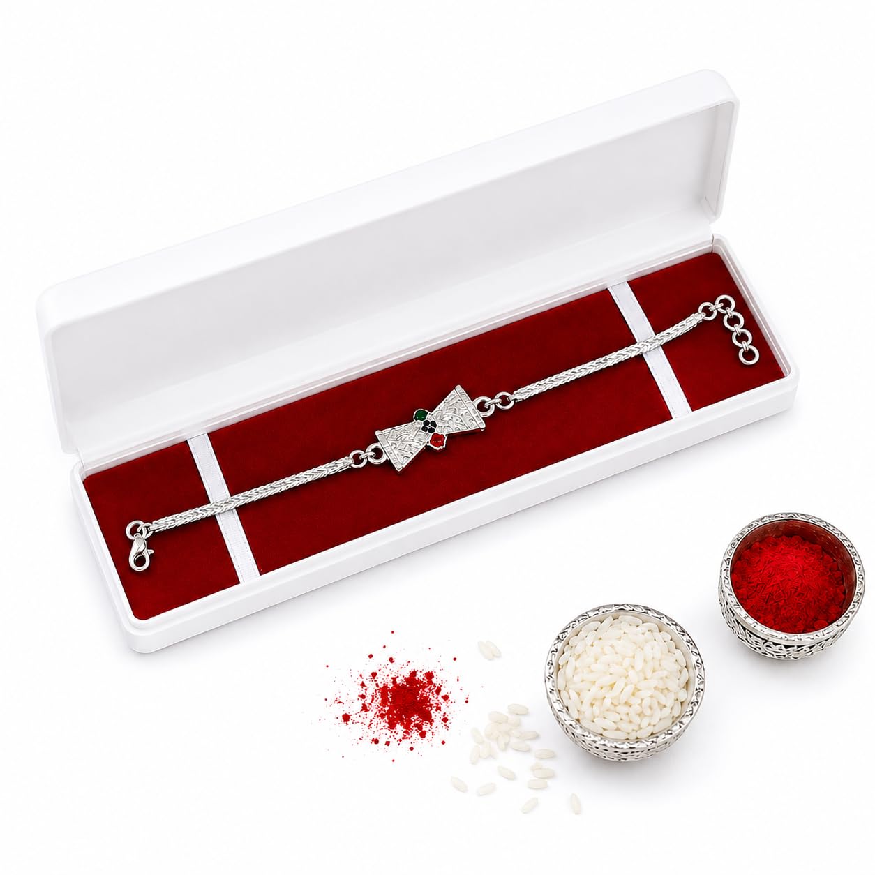 Ganesha Silver Rakhi for brother/Rakhi for brother/Silver Bracelet Rakhi with velvet gift box,roli,chawal for bhai,bro,bhaiya,kids/om trishul(1046)-image-17