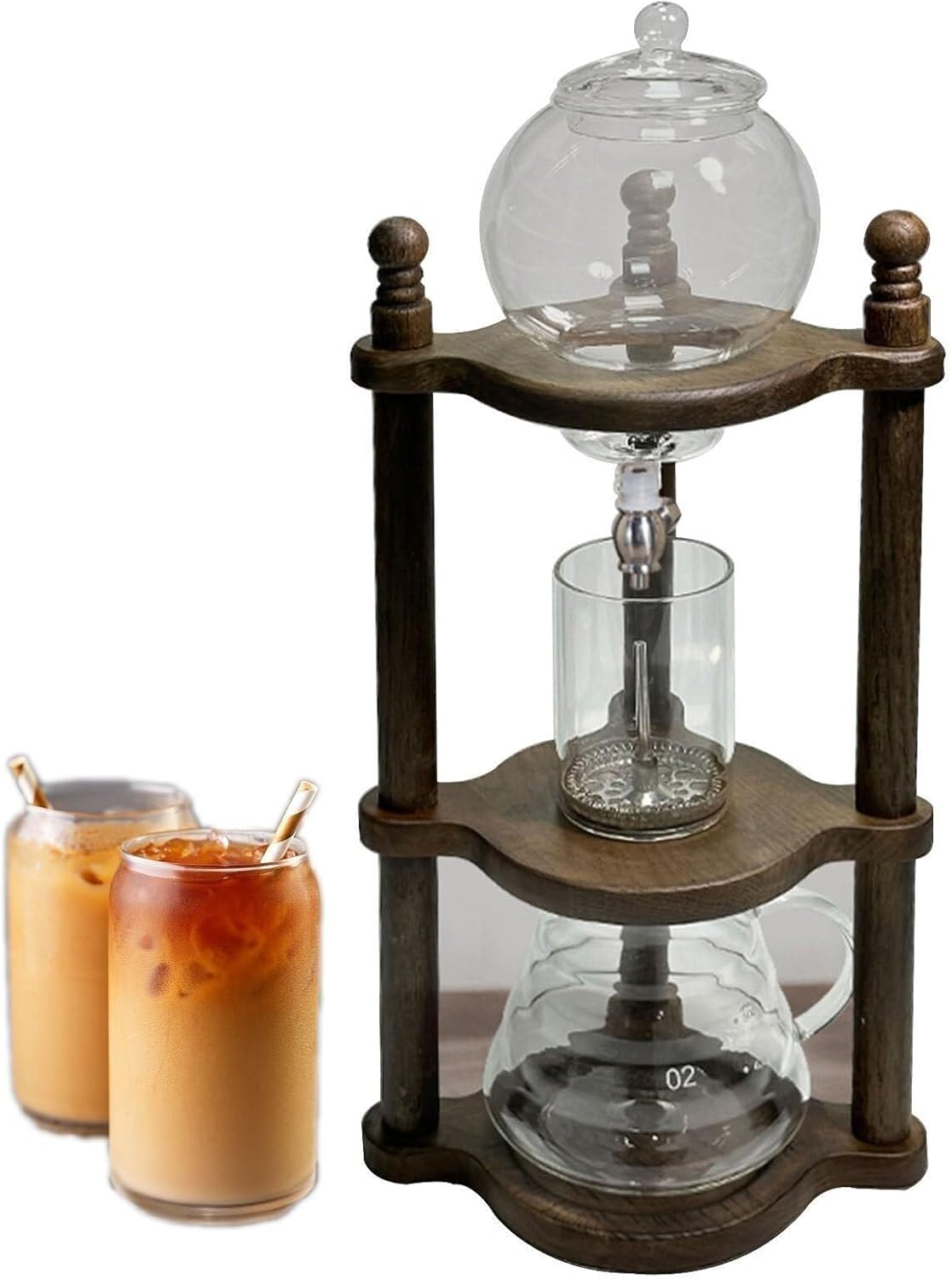 Iced Drip Coffee Maker, Cold Brew Dripper Pot, Wooden Glass Cold Drip Coffee Tower, Precision Speed Control, Portable Ice Coffee Machine