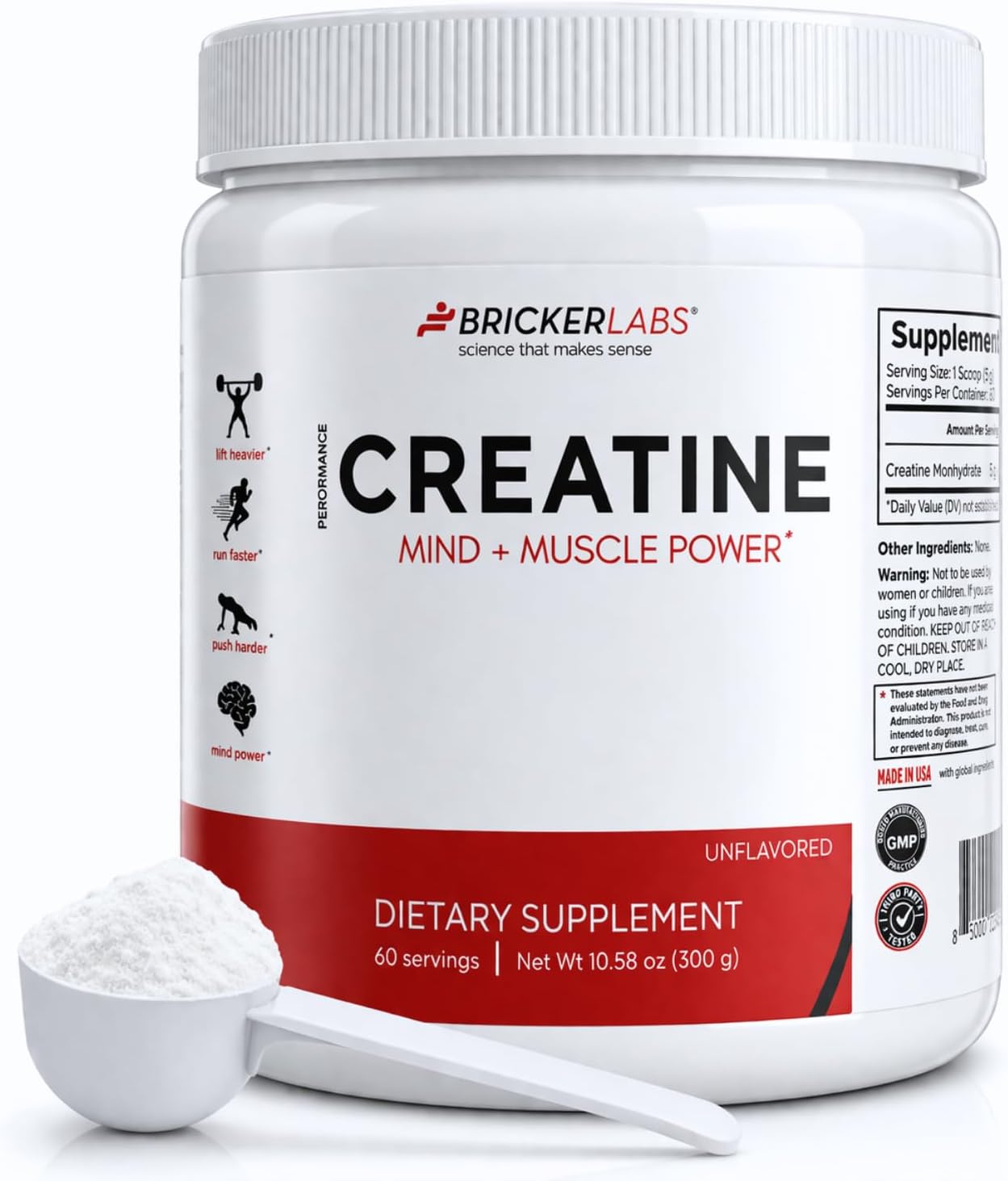 Bricker Labs Creatine Monohydrate Powder – 5g Pure Ultra-Fine Creatine per Serving – Muscle Growth, Strength, Endurance & Focus – Unflavored – 60 Servings – Workout & Cognitive Support for Men & Women
