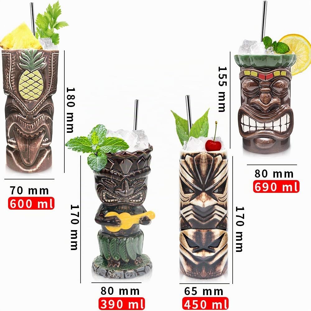 Tiki-Tassen-Set, Hawaii-Party-Becher aus Keramik, für Cocktails, hochwertiges Tassen-Set mit 4 Tassen für exotische Party - TJB02