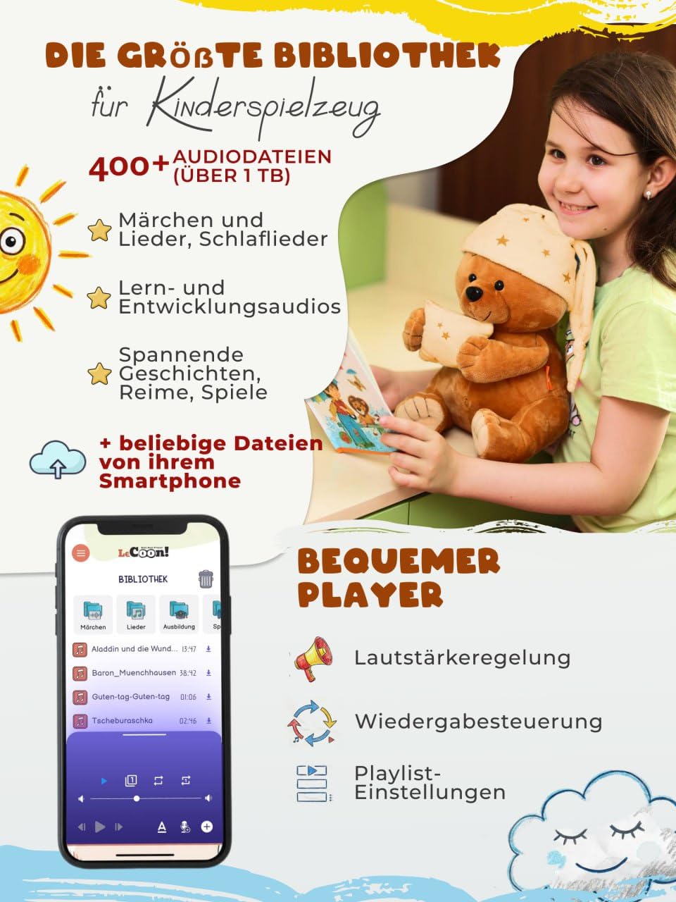 LeCoon Plüschbär – 500+ Geschichten, Kinderlieder und Schlaflieder