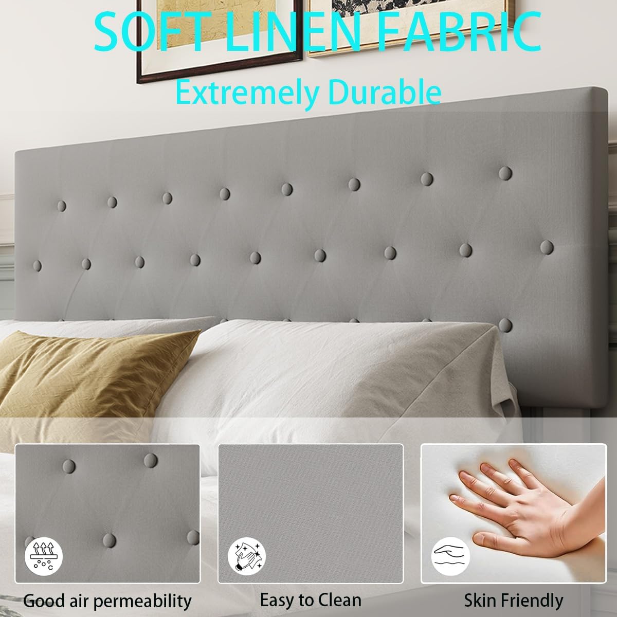 Queen Bed Frame Square Stitched Button/with Charging Station and LED Headboard/Upholstered Platform Bed Frame/Easy Assembly/Wooden Slats Support/No Box Spring Needed/Grey