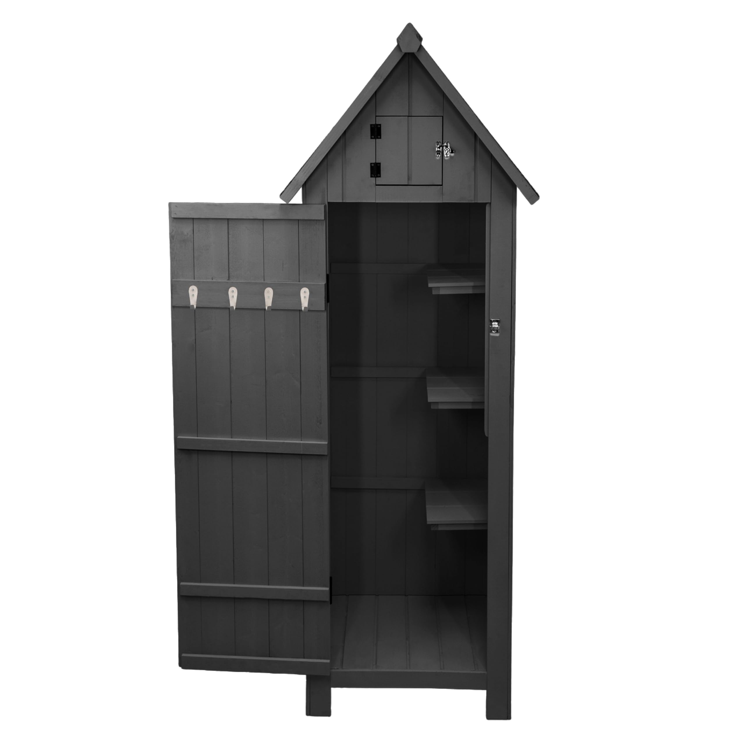Cobertizo de Jardín de Madera Gris Almacenamiento Almacenaje Caseta Exterior Organizador Herramientas Jardin Estantes Esquina Ganchos para Colgar Sobre Puertas Candado llaves + Kit Fijación GRATIS