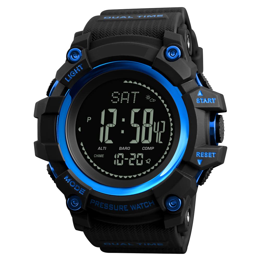 Homme Outdoor Militaires Sport Digital LED Plastique Montres Bracelet et Caoutchouc Ruban Multifonctionnel Boussole Podomètre Altimètre Baromètre Thermomètre