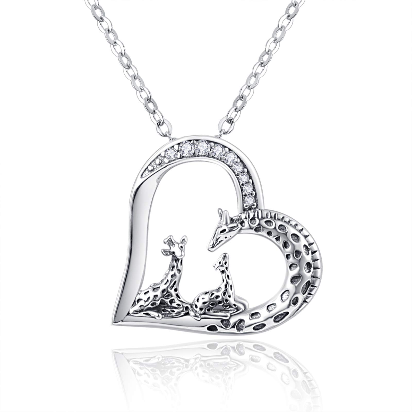TANGPOETGiraffe Heart Pendant Necklace for Women Mom Grandma 925 Sterling Silver Giraffe Family Necklaces Jewelry Birthday Gifts with 18" +2" Chain