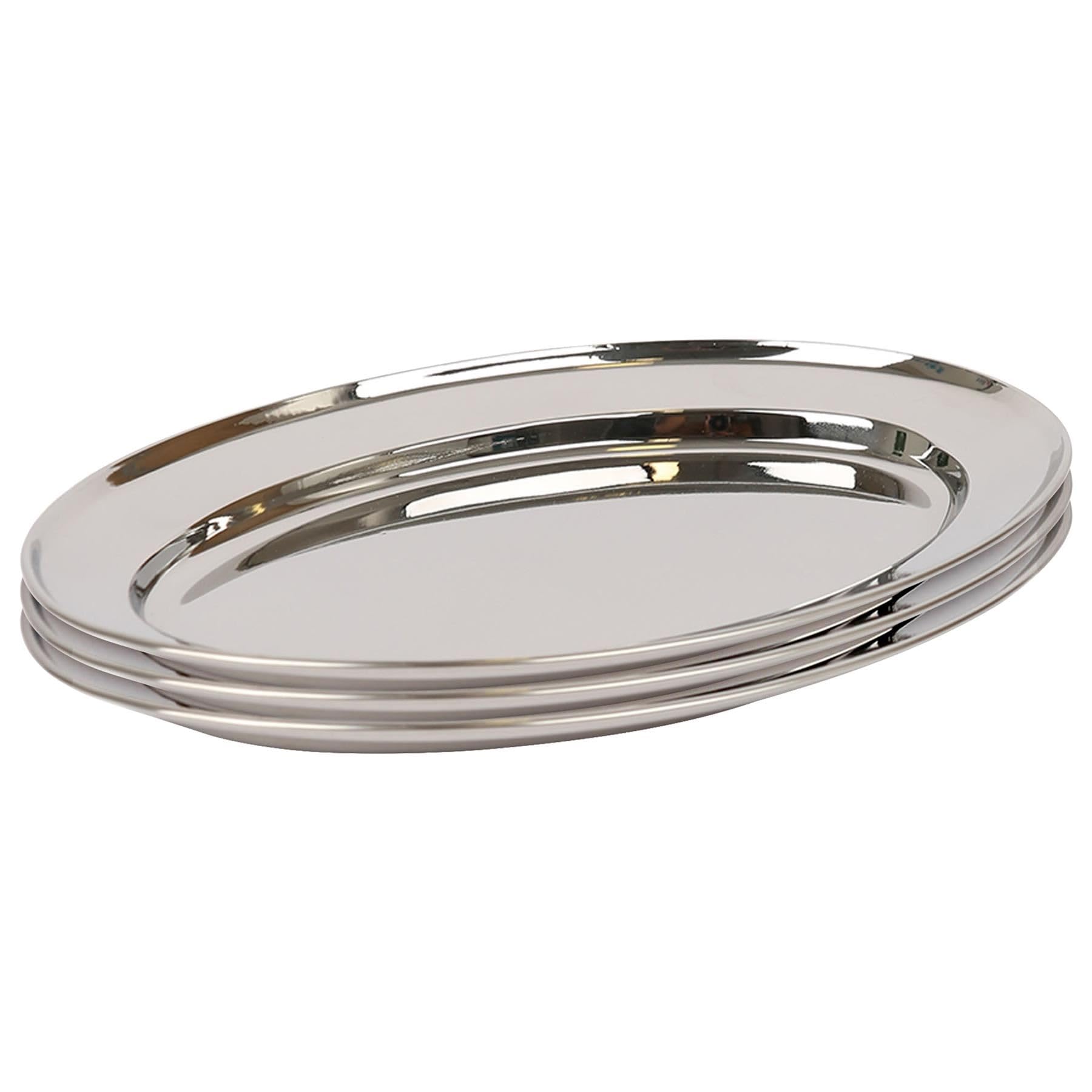 Argon Tableware 35 x 24cm Serving Platters - 3 Pack - Stainless Steel Chrome Dinner Tray Oval Plate Medium Appetizer Serving Dishes for Party, Events, Table Service, Snack Platters