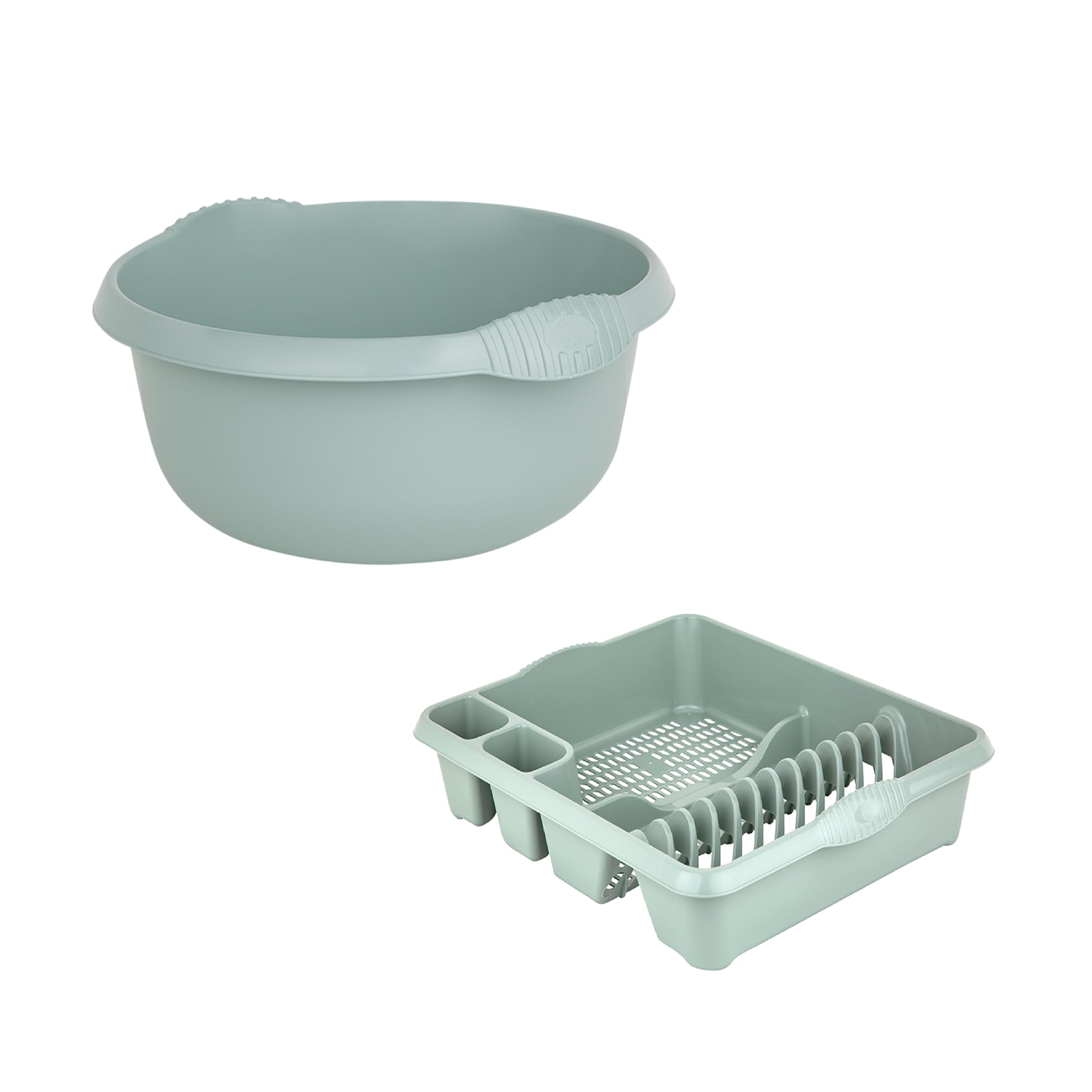 M1SS Set of 32cm Round Washing up Bowl with Large Dish Drainer Plate Rack Draining Board Tray Stand Sink Holder Kitchen Organiser (Silver Sage)