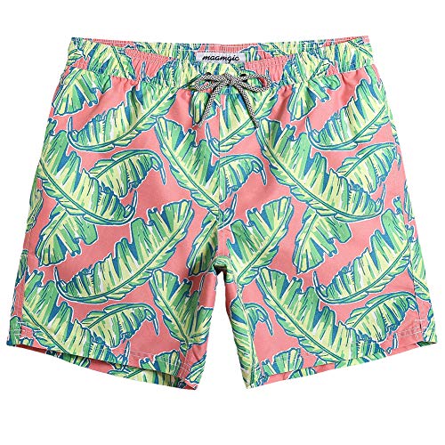 MaaMgic Hombre Bañador de Playa Tropical Vacaciones y Viajes en Verano con Bolsillos Rosa Hoja de plátano S