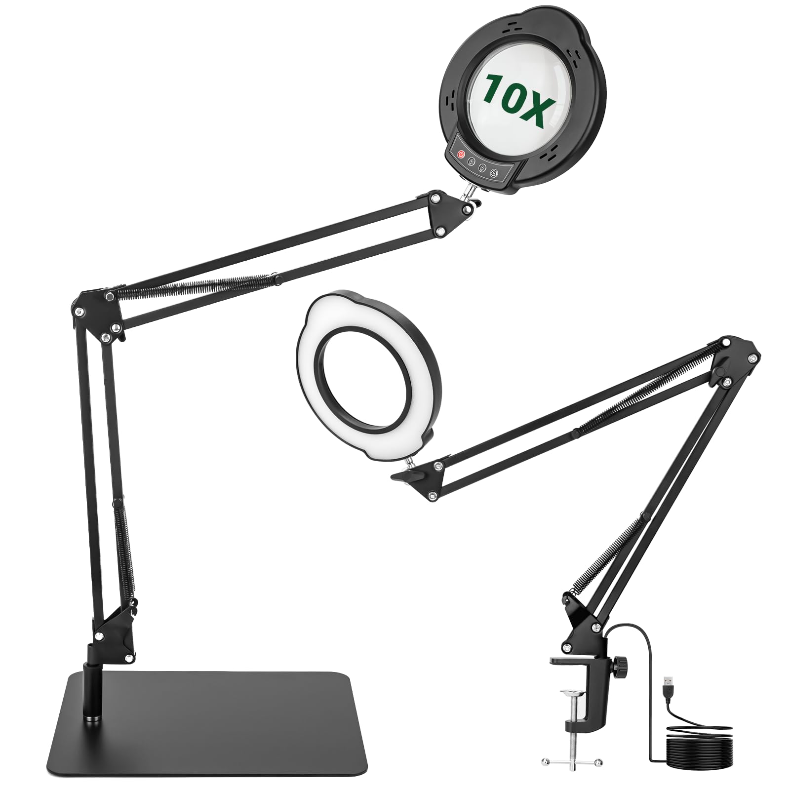 WISYOK Lupe mit Licht und Ständer, 10x LED Lupenleuchte mit Groß Schwenkarm, 5 Farbmodi 10 Stufenlos Dimmbare, 2in1 Lupenlampe mit Klemme und Basis, Leselupe für Senioren, Tischlupe, Sehbehinderte